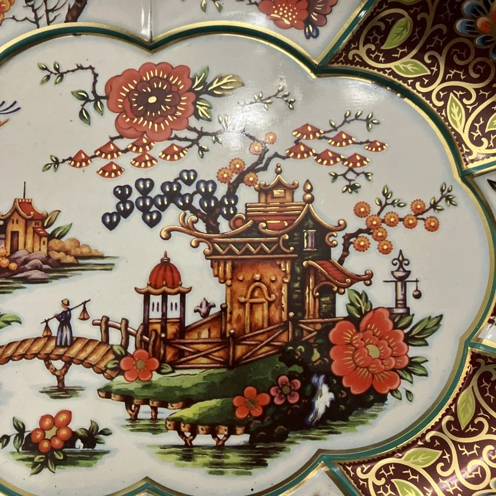 Daher Decorated Ware Tin Bowl Large Oval 13” Gold Floral Scenic 1971 England VTG
